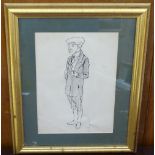 A framed sketched image of an Edwardian gentleman holding a walking stick CONDITION: