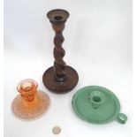 An oak barley twist candlestick, together with a Swedish enamelled chamber stick etc.