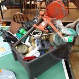 A large quantity of tools and parts, to include a pillar drill stand, saws, screws,