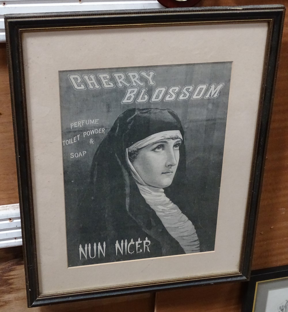A framed advertisement for cherry blossom perfume, toilet powder and soap,