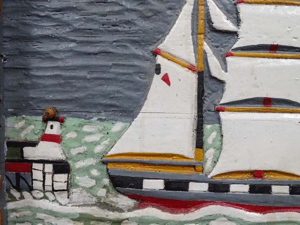 An 18thC painted cabinet/box panel, together with a folk art painted ship diorama. - Image 4 of 8