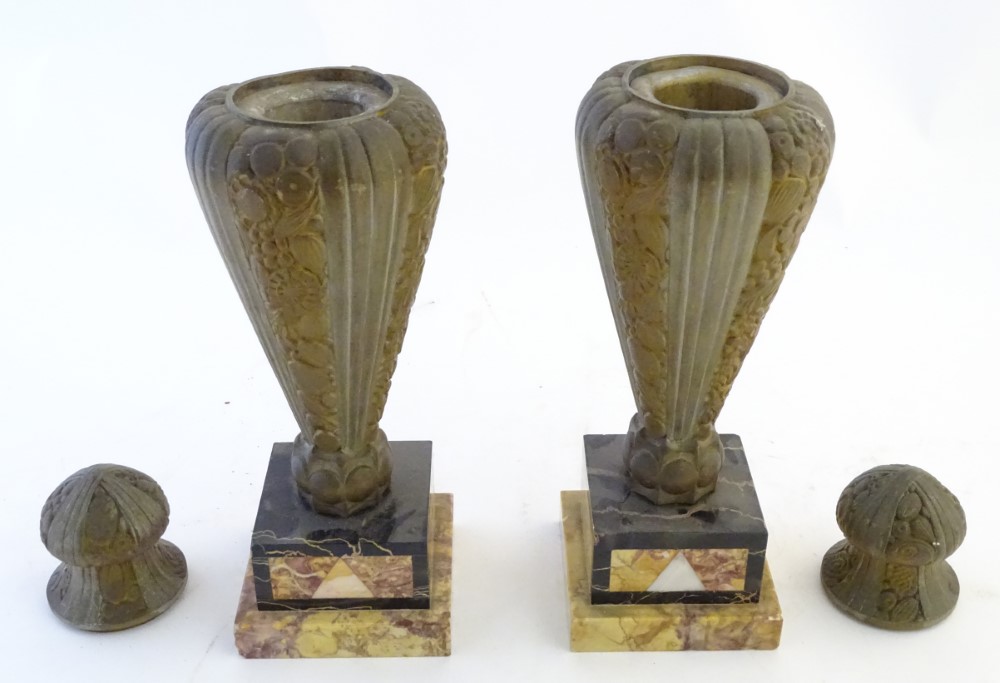 A pair of Art Deco gilded metal and marble lidded urn garnitures on square stepped bases, - Image 6 of 8