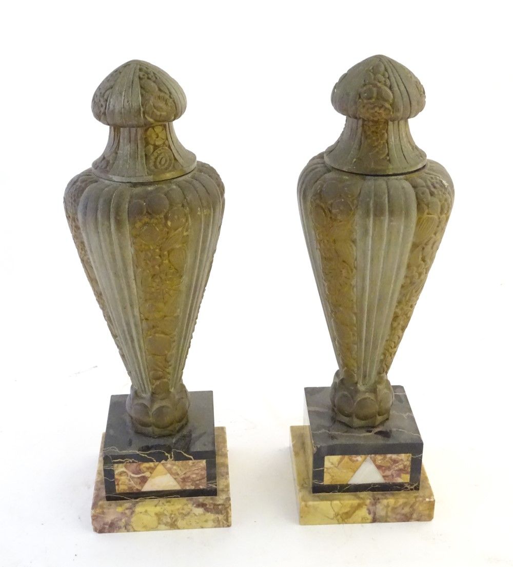A pair of Art Deco gilded metal and marble lidded urn garnitures on square stepped bases, - Image 8 of 8