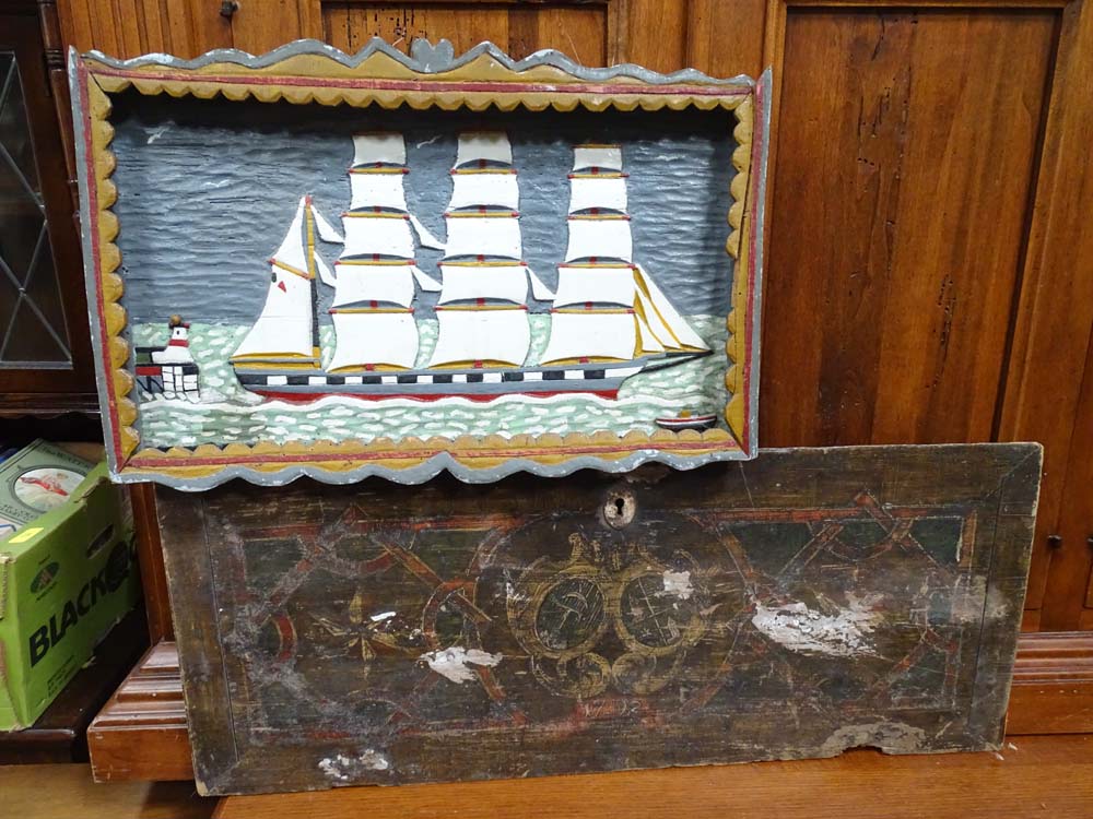An 18thC painted cabinet/box panel, together with a folk art painted ship diorama.