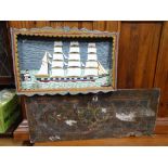 An 18thC painted cabinet/box panel, together with a folk art painted ship diorama.