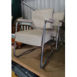 A pair of vintage/retro armchairs, with oatmeal nylon upholstery,