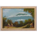 Makali XX , Tanzania , Africa, Oil on canvas board, Mud huts with Mount Kilimanjaro to distance,