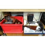 A box of miscellaneous to include Royal Worcester tea wares, cutlery boxes, binoculars, pictures,