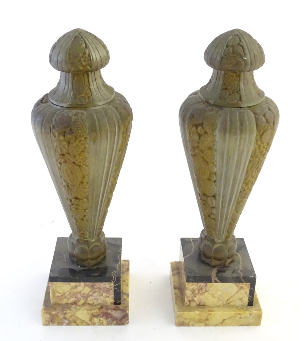 A pair of Art Deco gilded metal and marble lidded urn garnitures on square stepped bases, - Image 3 of 8