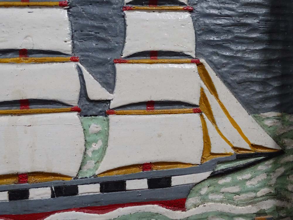 An 18thC painted cabinet/box panel, together with a folk art painted ship diorama. - Image 3 of 8