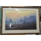 A large print of a meadow with cattle,