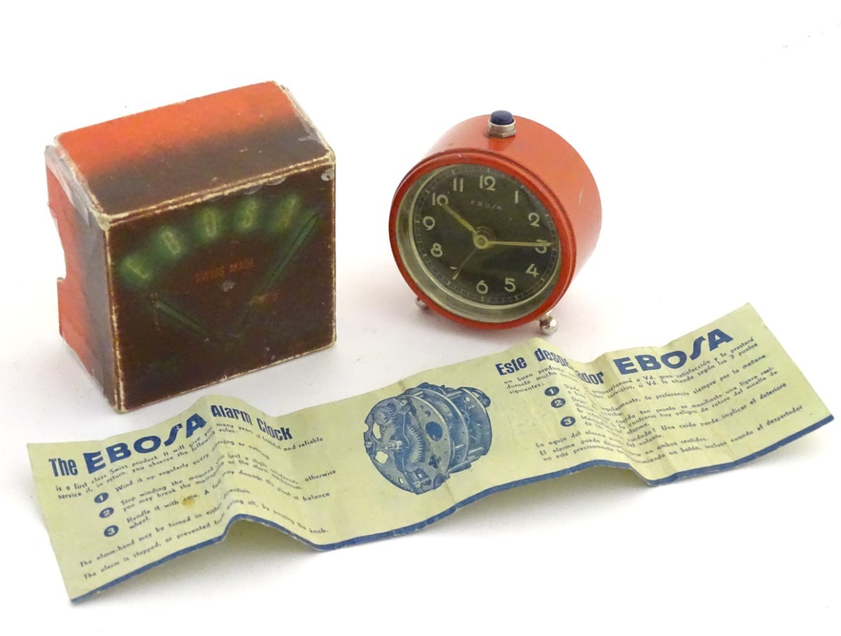 Ebosa : a Swiss small bedside alarm clock with original instructions and box 2 1/4” high.