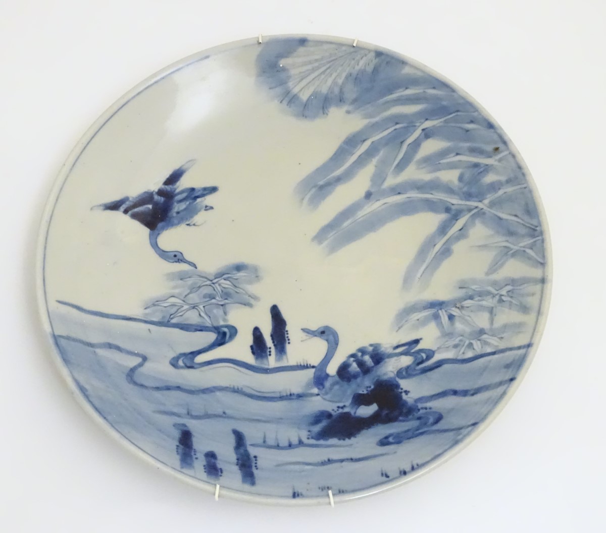 An oriental blue and white charger with hand painted decoration of birds in a landscape. Approx. - Image 4 of 4