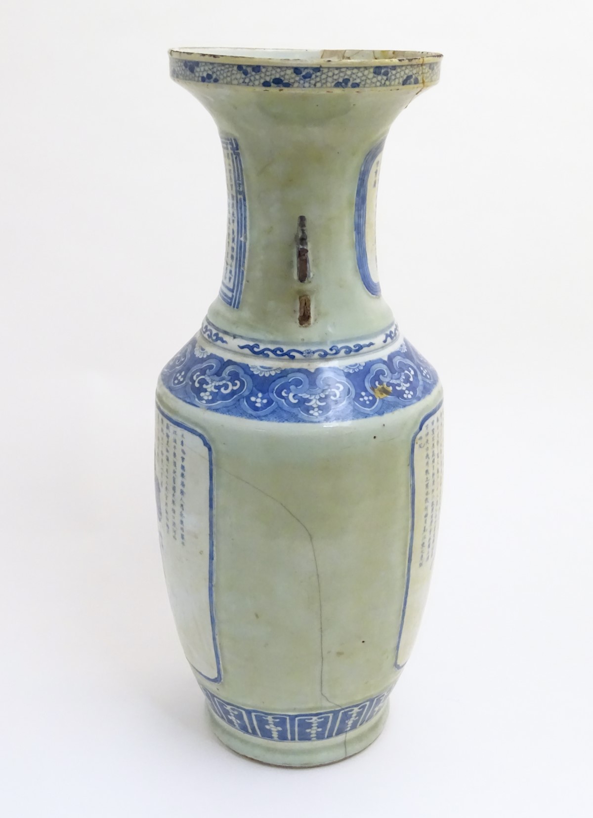 A large blue and white baluster vase with a celadon-like ground and twin handles. - Image 5 of 7