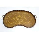 An Edwardian inlaid mahogany and Sheraton revival kidney shaped butlers tray with checkered border