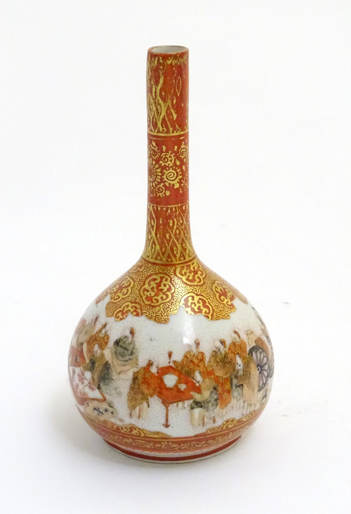 A small Japanese Kutani style globular vase, depicting figures conducting various activities, - Image 3 of 7