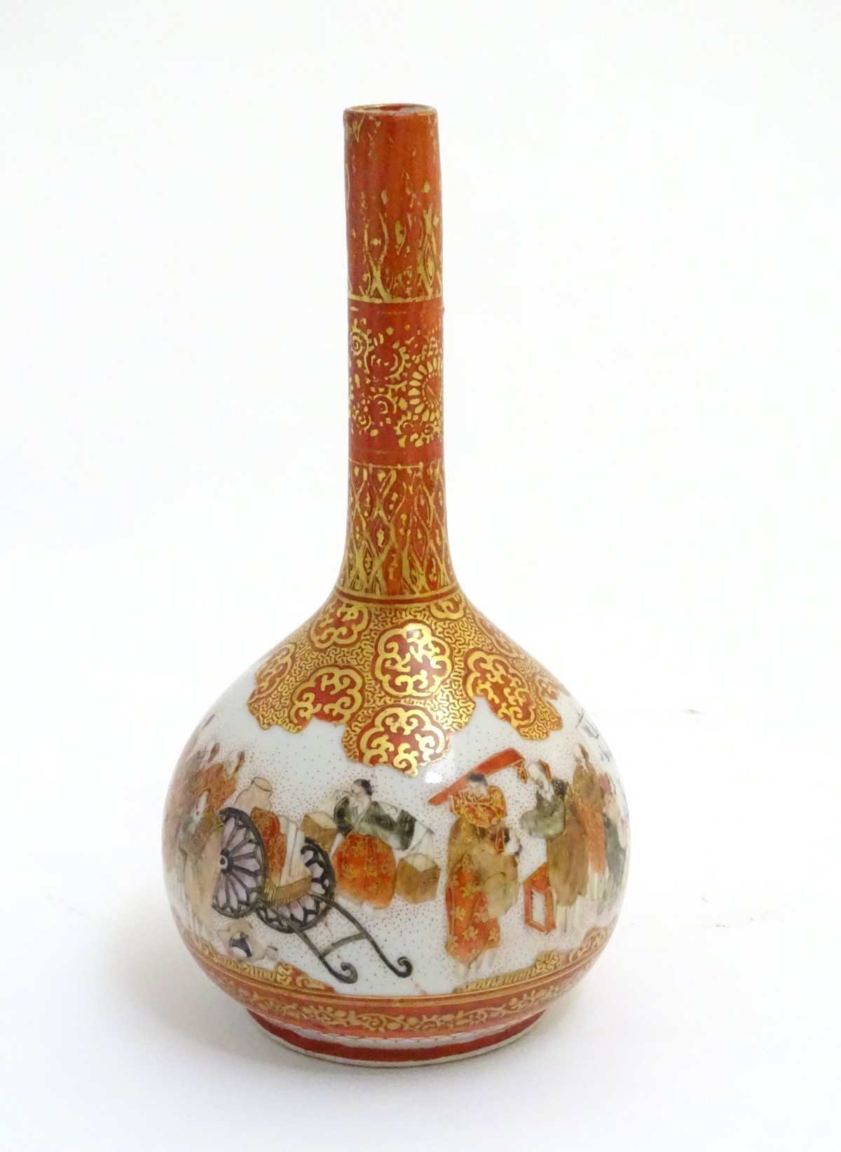 A small Japanese Kutani style globular vase, depicting figures conducting various activities,