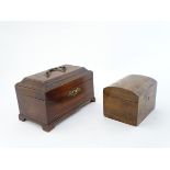 18thC Tea caddy : a mahogany , bracket footed caddy opening to reveal a sectional interior,