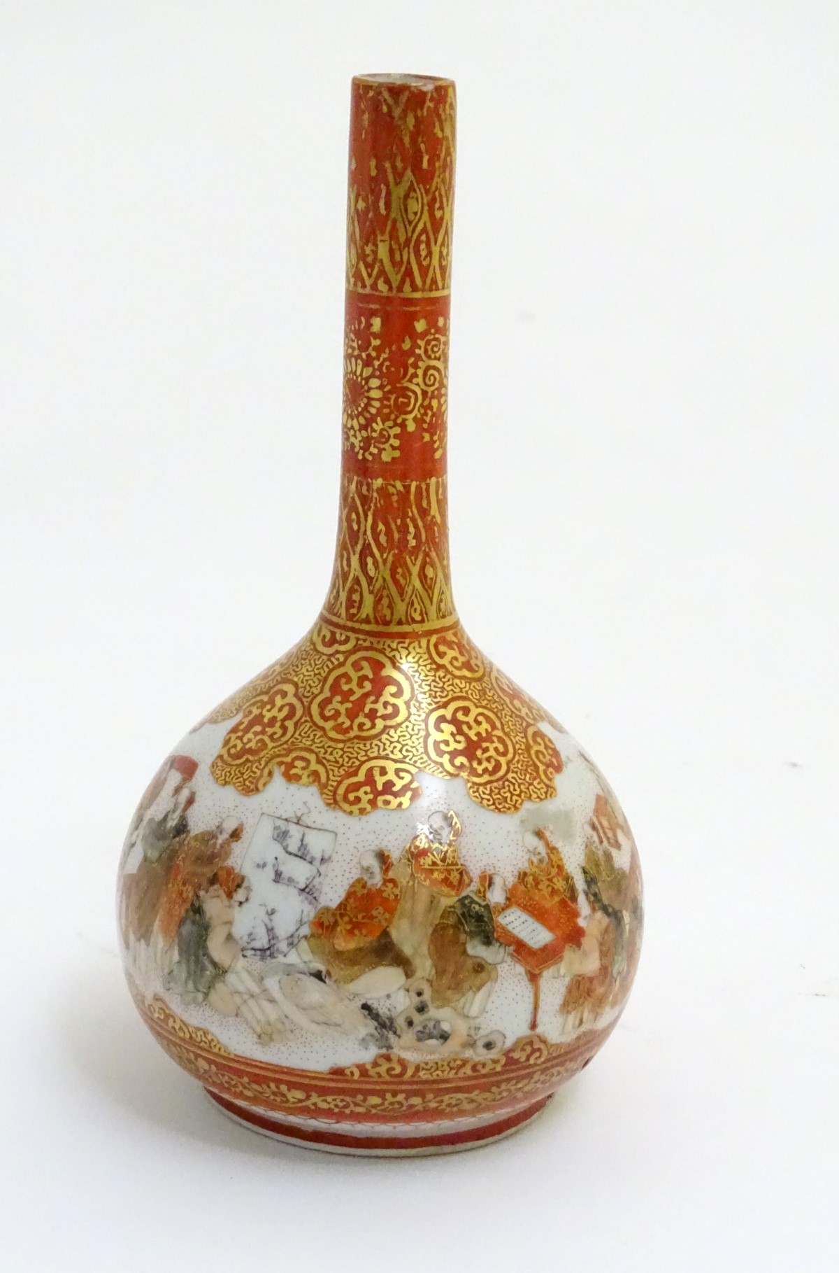 A small Japanese Kutani style globular vase, depicting figures conducting various activities, - Image 4 of 7