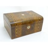 A mid-late 19thC ladies workbox of semi-domed form with banded inlay and mother of pearl hexagonal