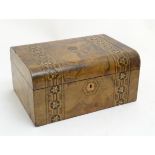 A mid - late 19thC ladies workbox of semi- domed form with banded and hexagonal inlay opening to