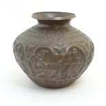 Indian: a circa 1900 embossed brass (high percentage of copper) relief decorated bellied pot having