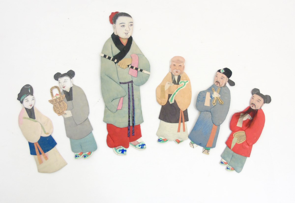 Chinese silk decorated applique figures with penwork faces. - Image 4 of 8