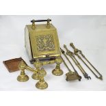 An assortment of Victorian and later brass fire tools, comprising a coal box, two sets of tongs,