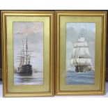 A pair of 19thC lithographs in colour; British battleships under full sail and at anchor,