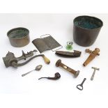 Kitchenalia: a quantity of assorted items including mincer, grater, sand timer,