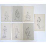 Militaria: an assortment of 7 pencil sketches depicting late 19thC French riflemen and bandsmen,