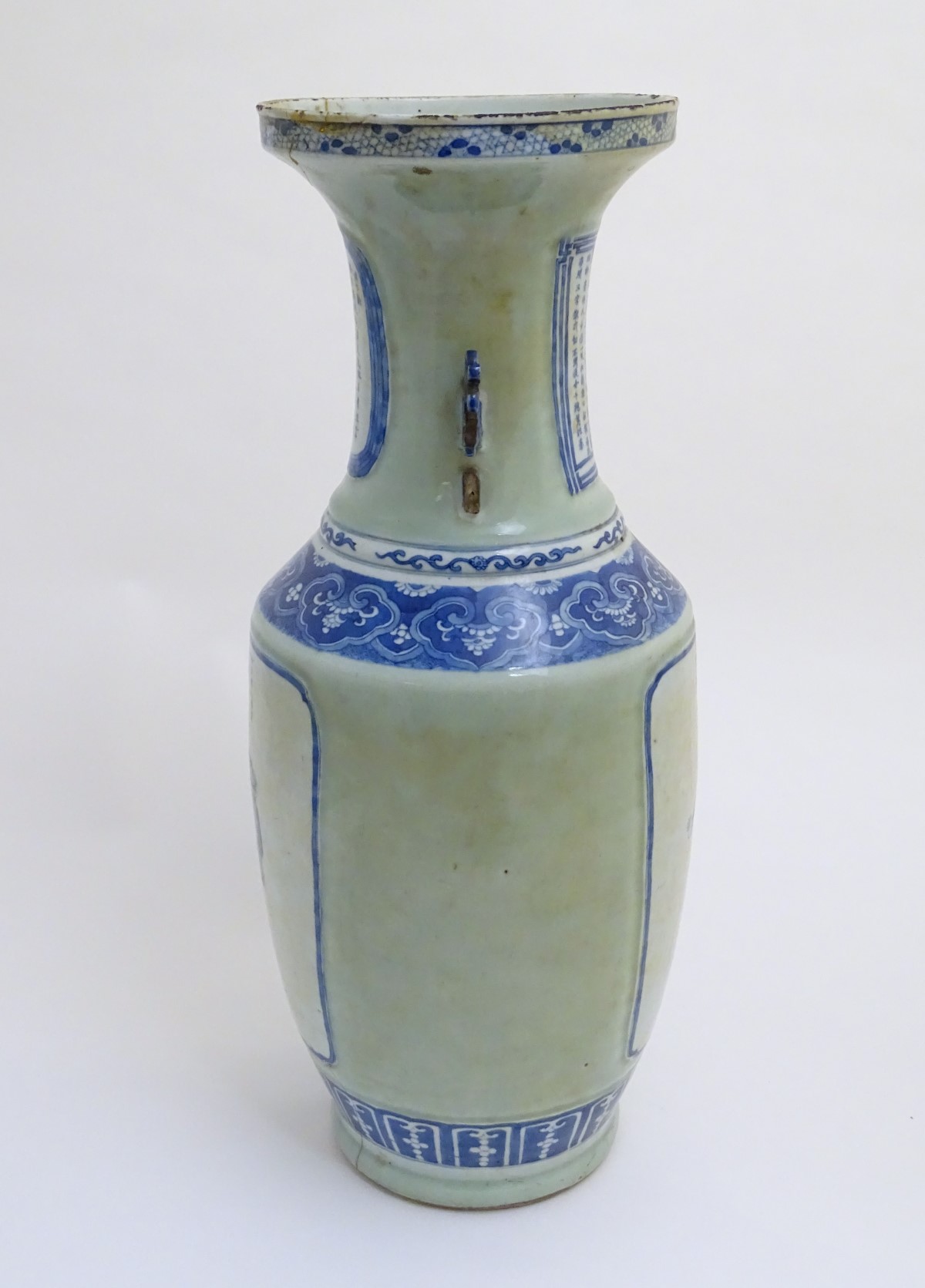 A large blue and white baluster vase with a celadon-like ground and twin handles. - Image 3 of 7