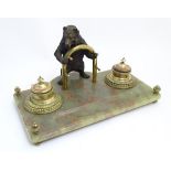 A c1900 Russian desk standish / desk set decorated with a patinated model of a bear supporting a