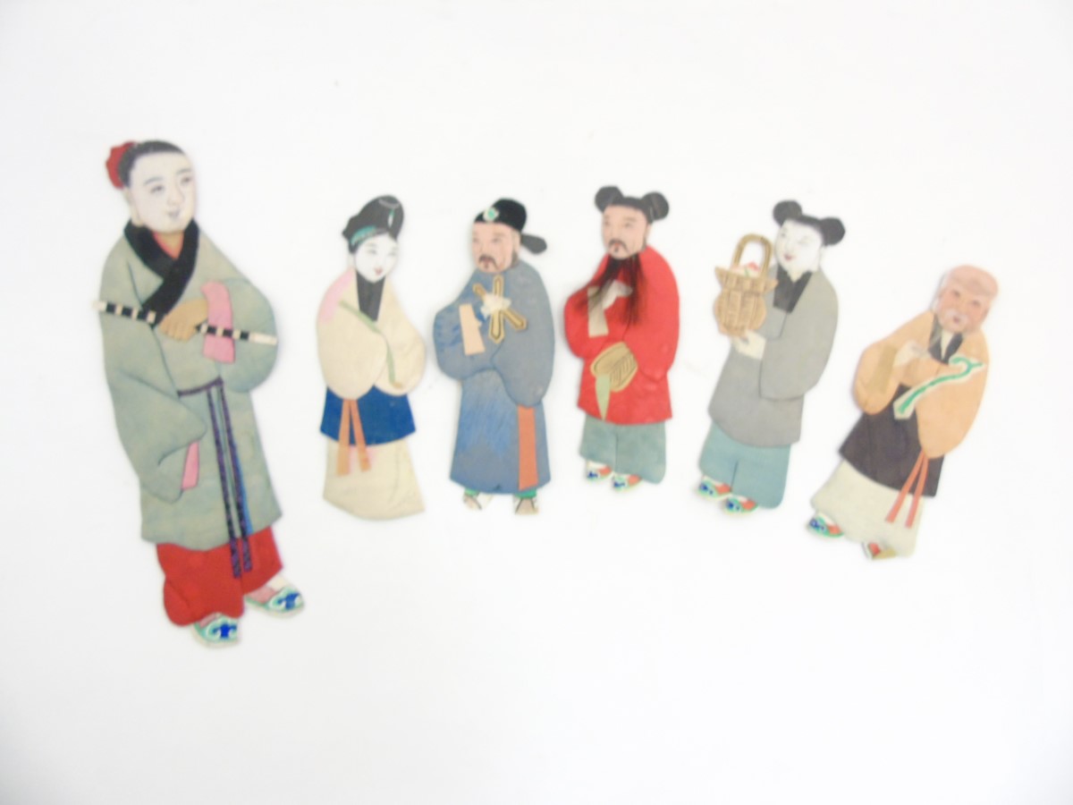 Chinese silk decorated applique figures with penwork faces. - Image 3 of 8