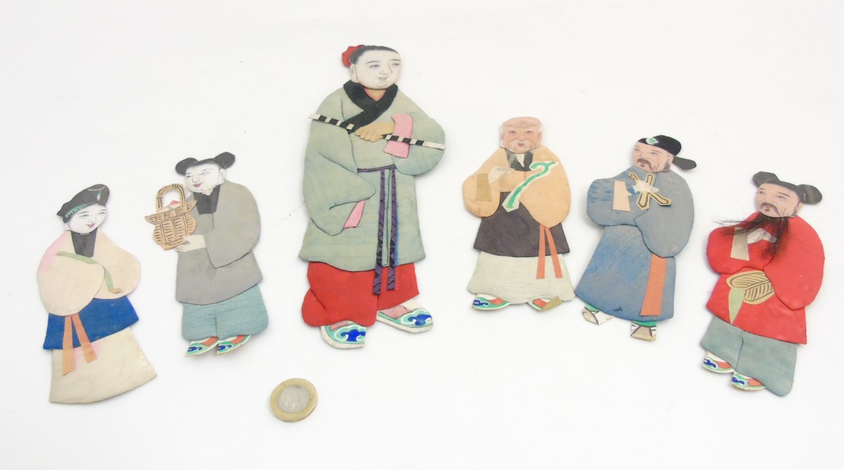 Chinese silk decorated applique figures with penwork faces. - Image 6 of 8