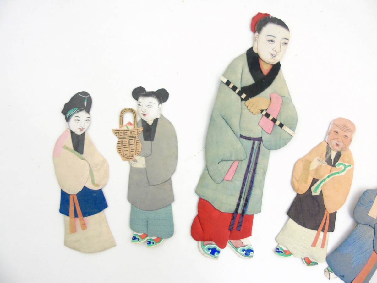 Chinese silk decorated applique figures with penwork faces. - Image 7 of 8