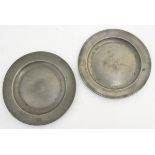 19thC Pewter: a pair of 18/19thC pewter side plates marked 'London' verso and various other touch