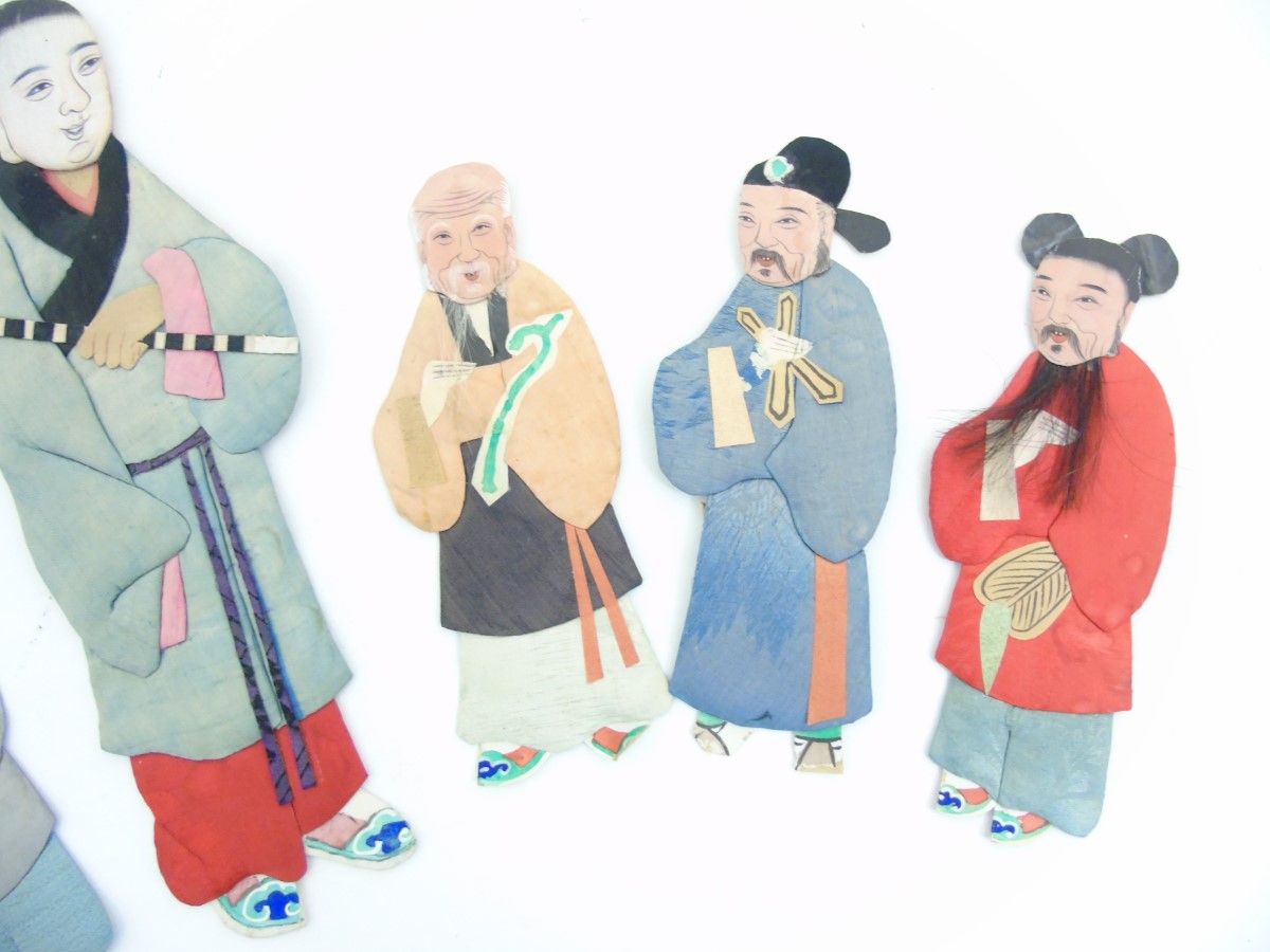Chinese silk decorated applique figures with penwork faces. - Image 8 of 8