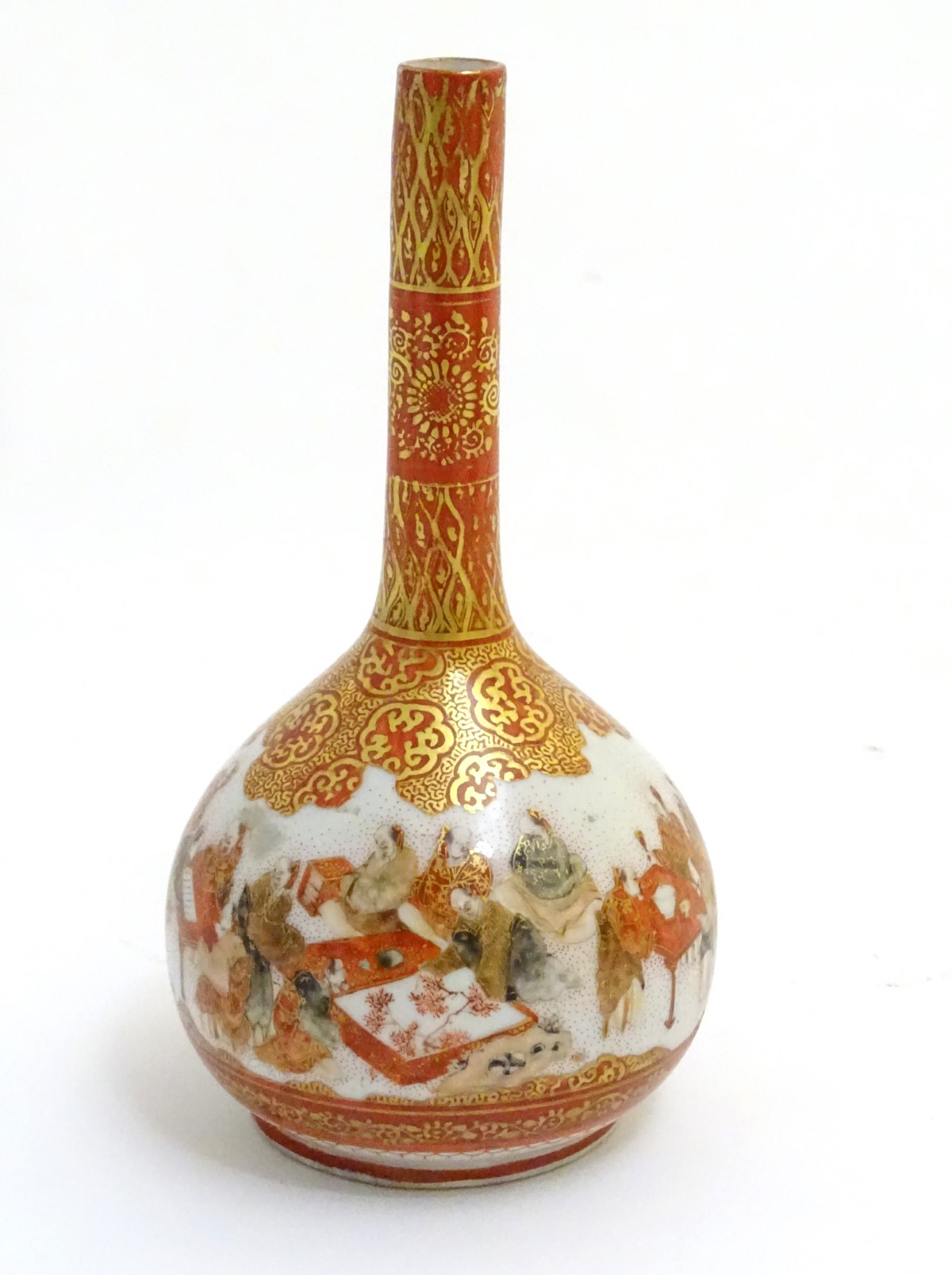 A small Japanese Kutani style globular vase, depicting figures conducting various activities, - Image 5 of 7