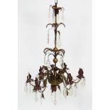 Chandelier: a 19thC six branch pendant hanging chandelier with acanthus decoration and coiled