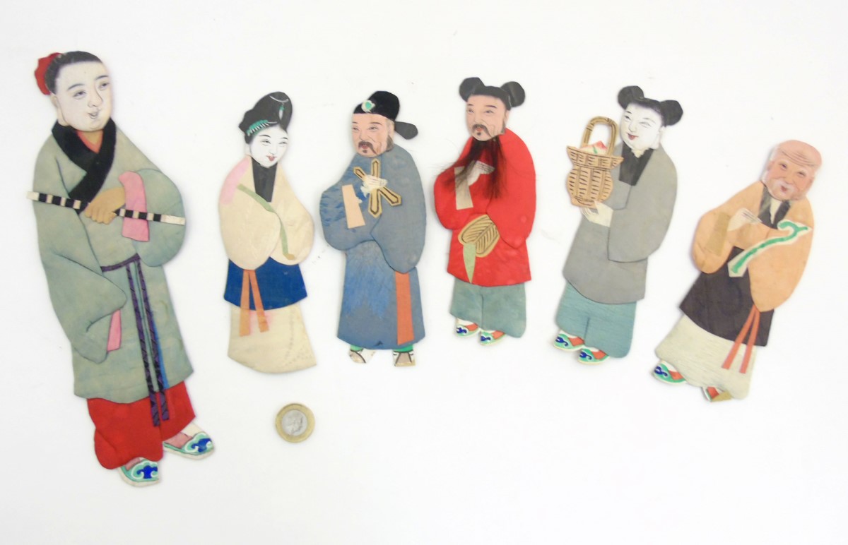 Chinese silk decorated applique figures with penwork faces. - Image 5 of 8