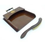 An Edwardian mahogany table crumb scoop / dustpan and brush with inlaid fan decoration with a
