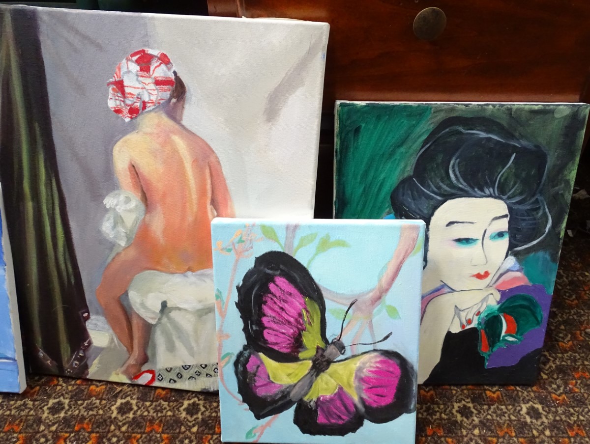 Four modern acrylic on canvas paintings, subjects to include a nude, an Oriental lady, - Image 3 of 3