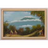 Makali XX , Tanzania , Africa, Oil on canvas board, Mud huts with Mount Kilimanjaro to distance,