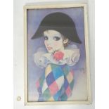 After Mira Fujita, early to mid XX Japanese, Colour lithograph, Sideways facing Harlequin,