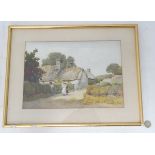 A watercolour of an old stone country cottage,