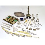 Assorted silver plated wares to include Art Deco tray, salts, peppers , mustard pots,