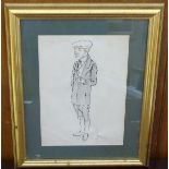 A framed sketched image of an Edwardian gentleman holding a walking stick CONDITION: