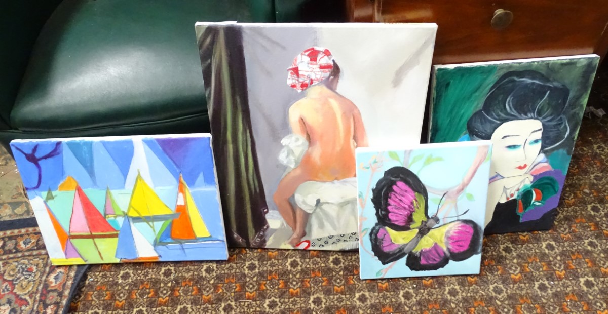 Four modern acrylic on canvas paintings, subjects to include a nude, an Oriental lady,