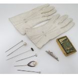 Assorted items to include silver hairpins, brooches, white gloves, a French comport etc.